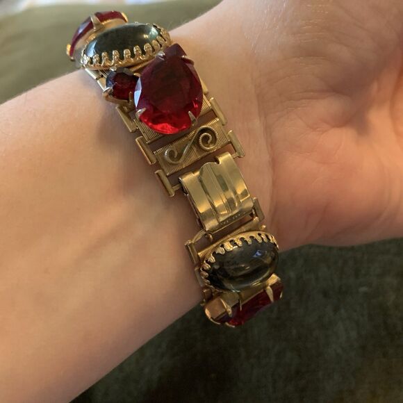 VTG Ruby Red & Smoky Gray Glass Cabochon Link Bracelet Gold Tone Art Deco Style - Picture 14 of 15